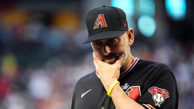 Torey Lovullo walks to the mound during a pitching change World Series game 4, Oct 31, 2023